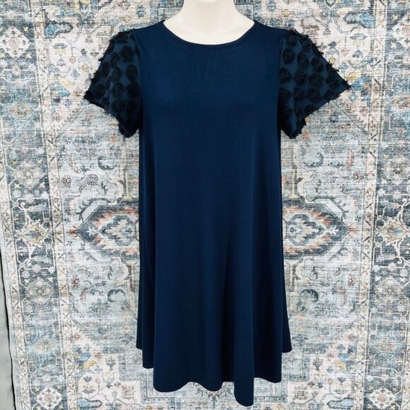 Loft Tunic Dress Size S Swiss Dot Short Sleeve Blue - Picture 1 of 11